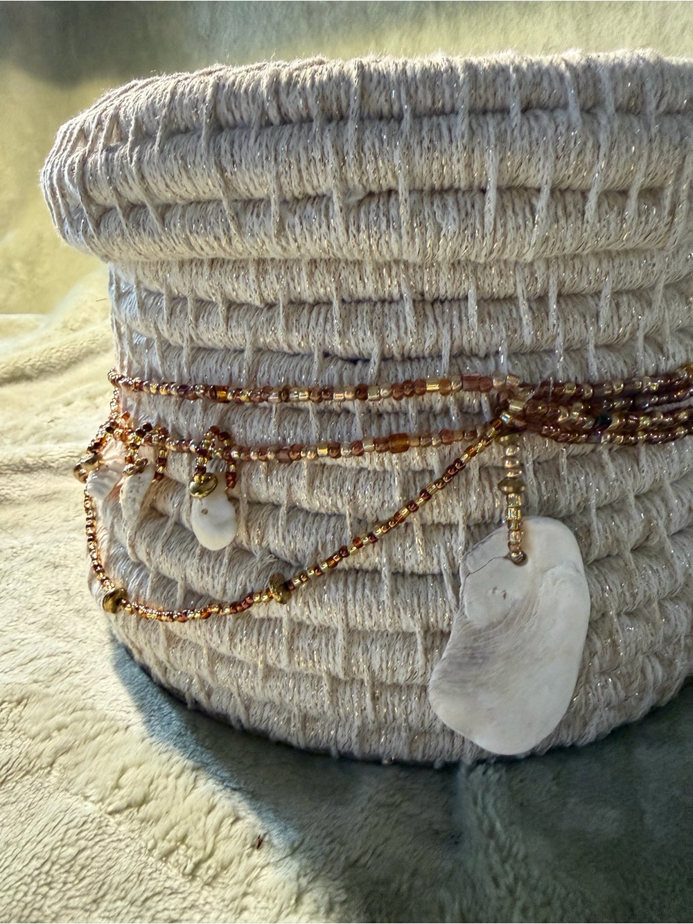 Handmade Art Coiled Basket  with Lid and embellishments of beading and shells - Picture 3 of 15